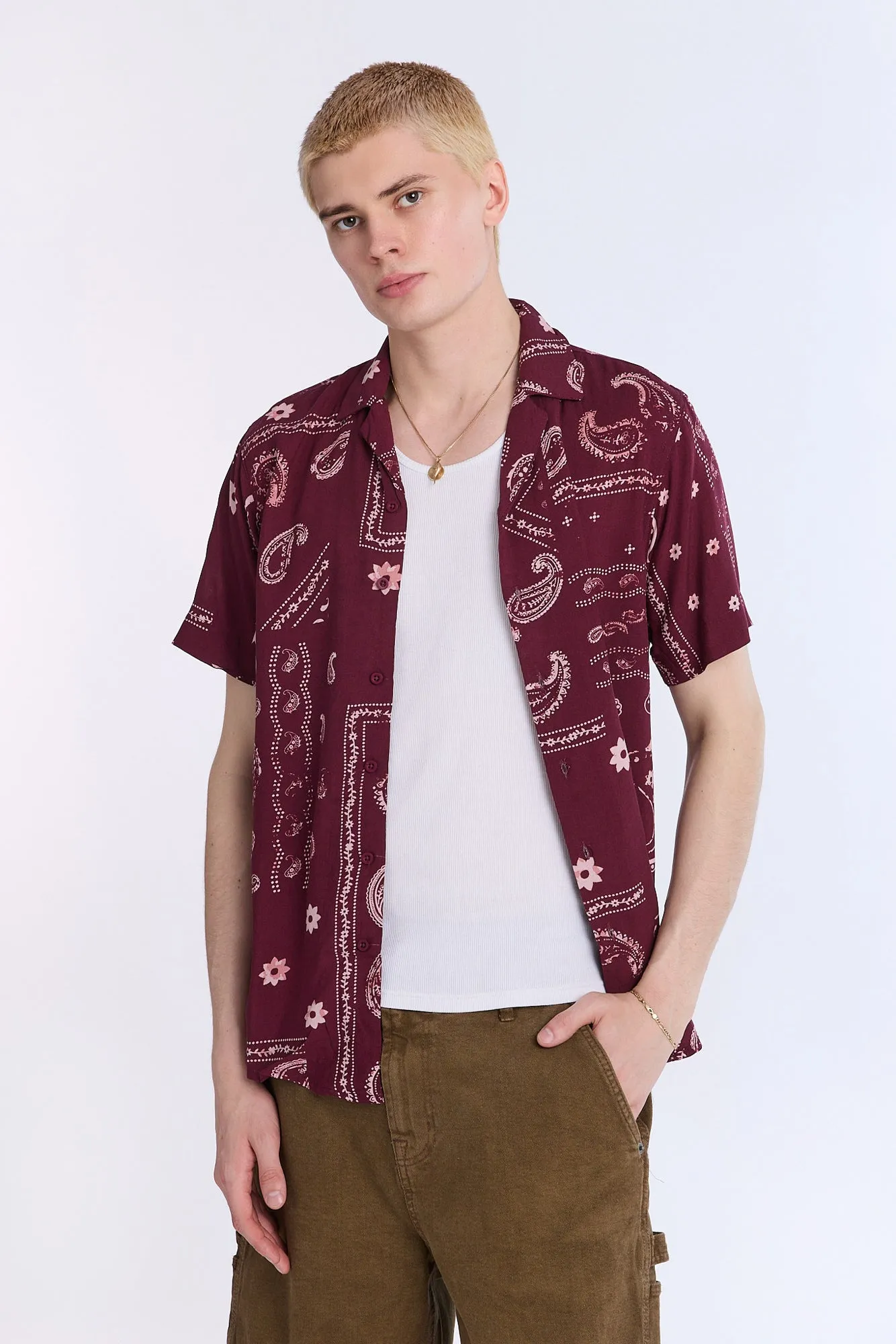Distressed Bandana Short Sleeve Resort Shirt