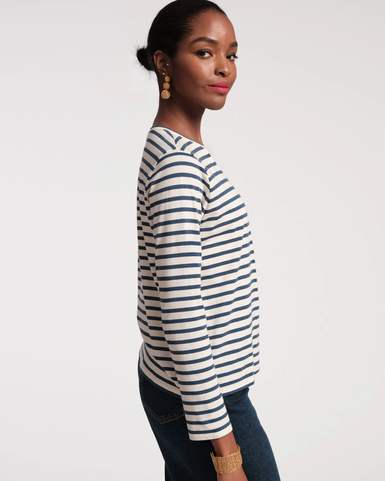 Long Sleeve Striped Tee Shirt Oyster Navy