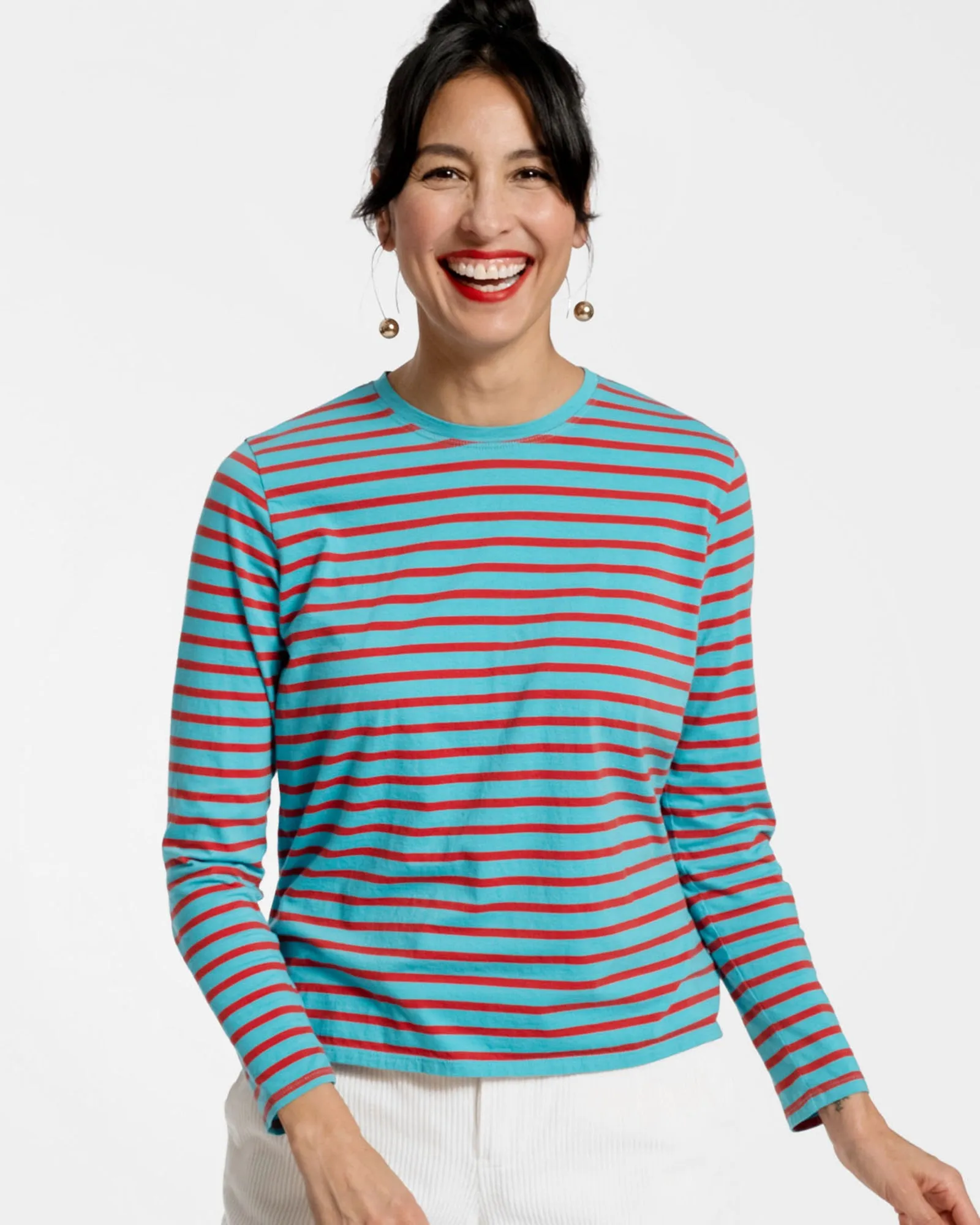 Long Sleeve Striped Tee Shirt Turquoise and Red