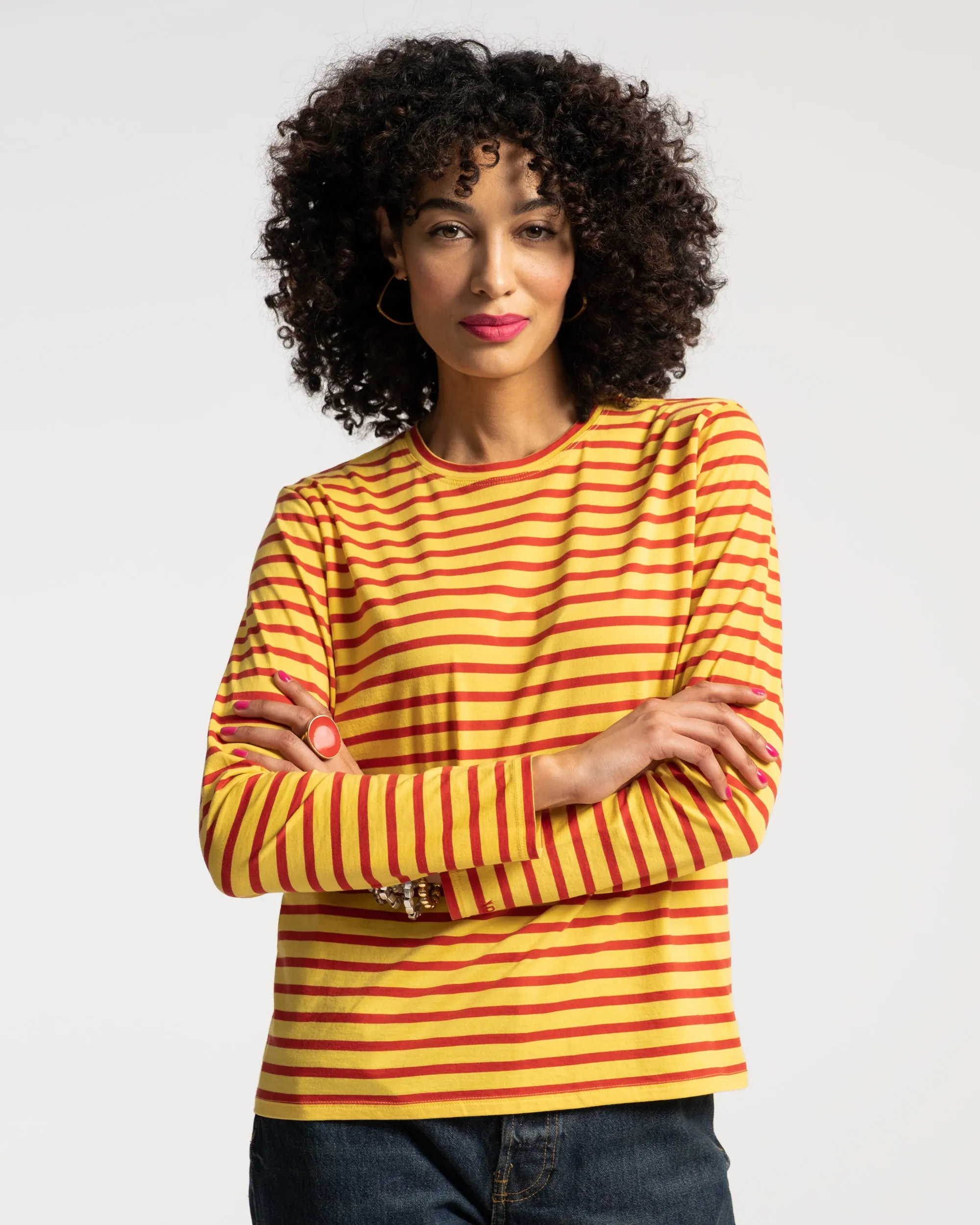 Long Sleeve Striped Tee Shirt Yellow Red