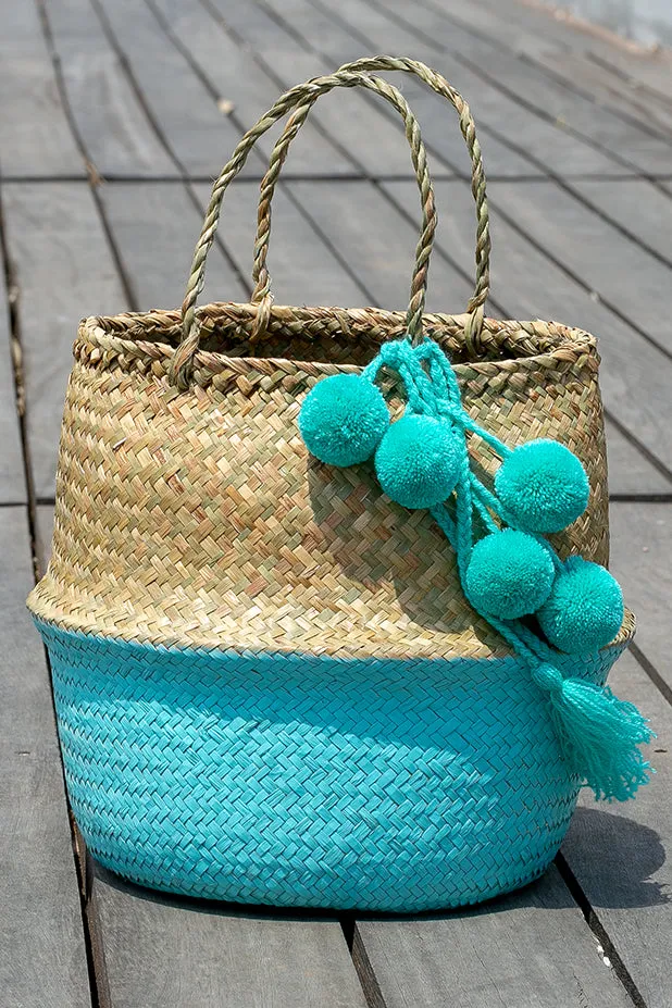 Queencii - Mia Pom Pom Beach Straw Tote Bag Beige Turquoise