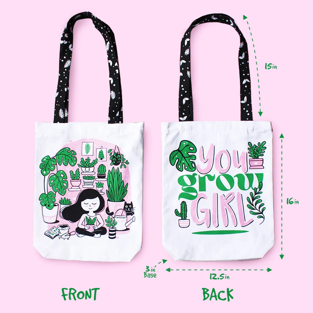 Reusable Eco Friendly Canvas Tote Bag with Zippered Closure Front Back Illustrations - Crazy Plant Lady